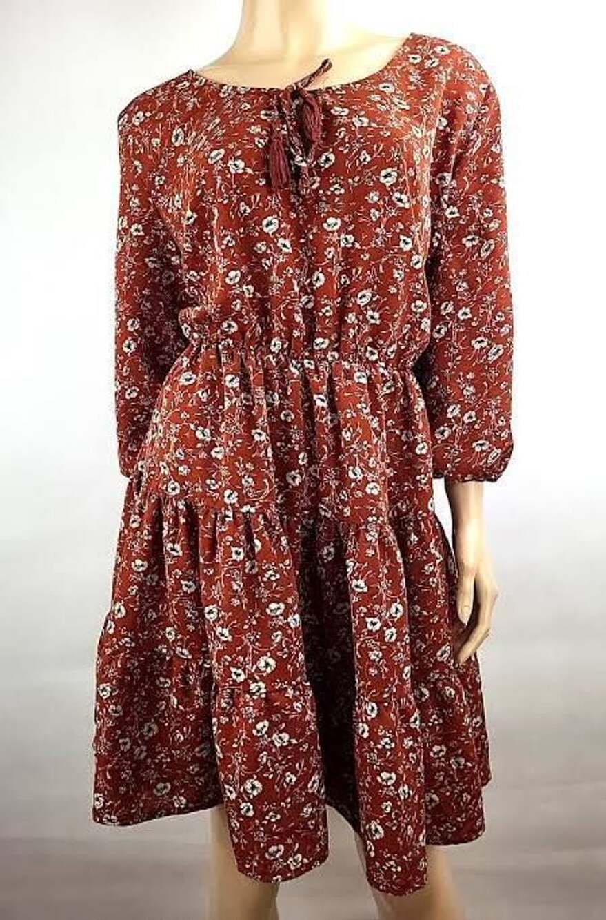 Just Found Plus Size 2X Rust Floral Print Tiered Mini Dress Tassel V-Neck